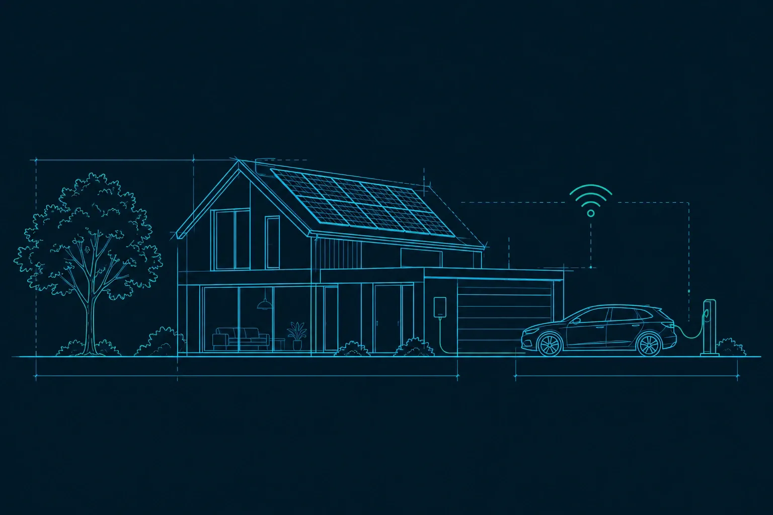Technische lijntekening van modern huis met zonnepanelen, elektrische auto aan laadpaal en boom, wifi-signaal