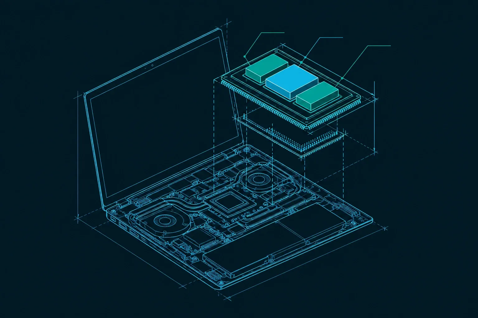 3D-lijntekening van open laptop met zwevende NPU-module boven het moederbord