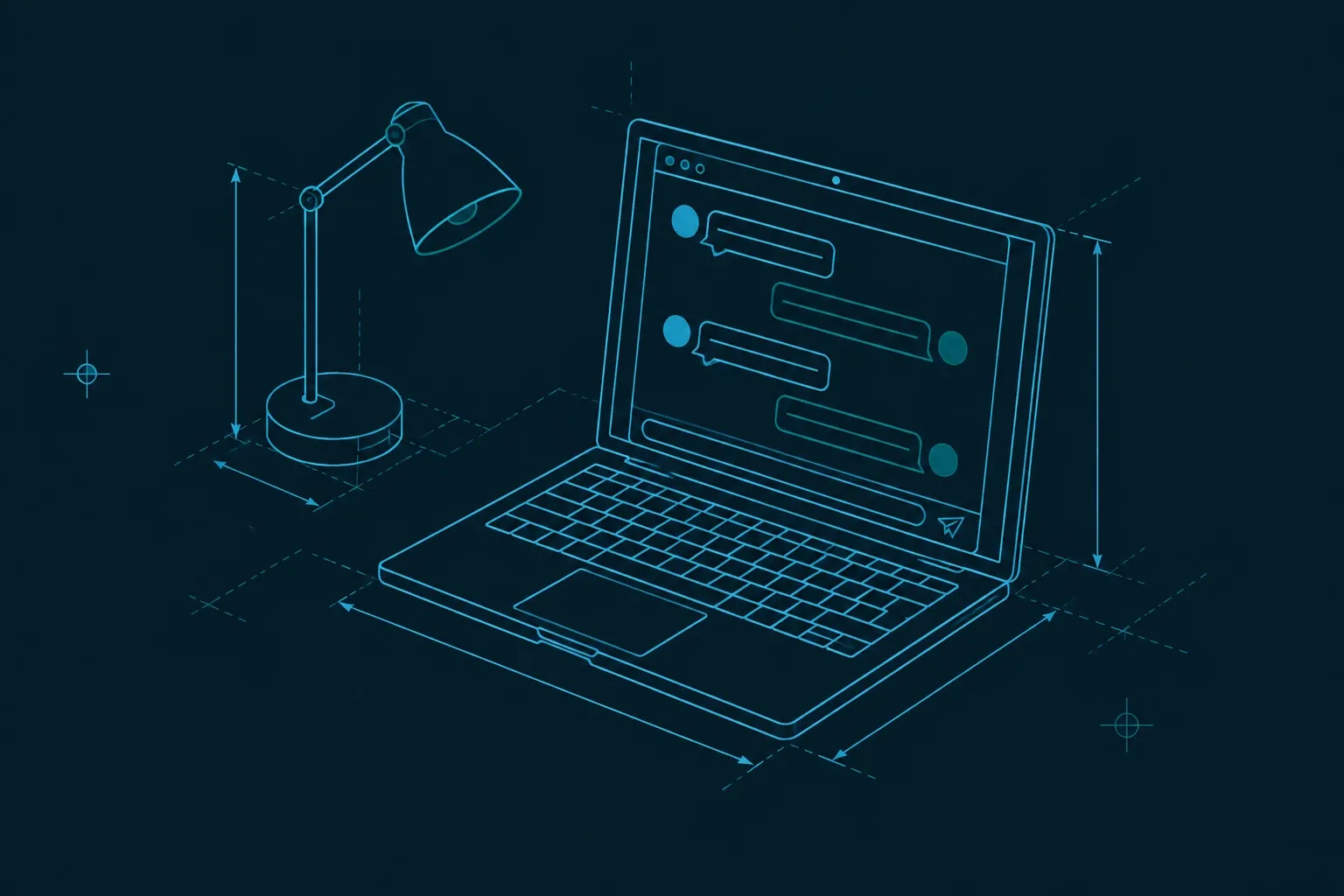 Blauw getekende laptop met chatvenster en bureaulamp in technische stijl