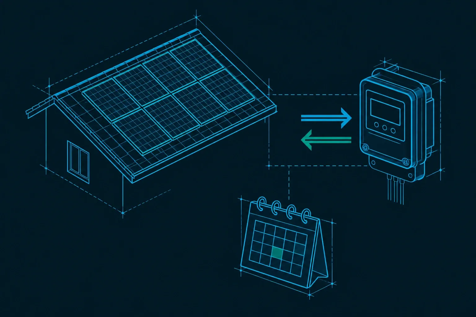 Blauwdrukillustratie van huis met zonnepanelen, slimme meter en kalender met pijlen
