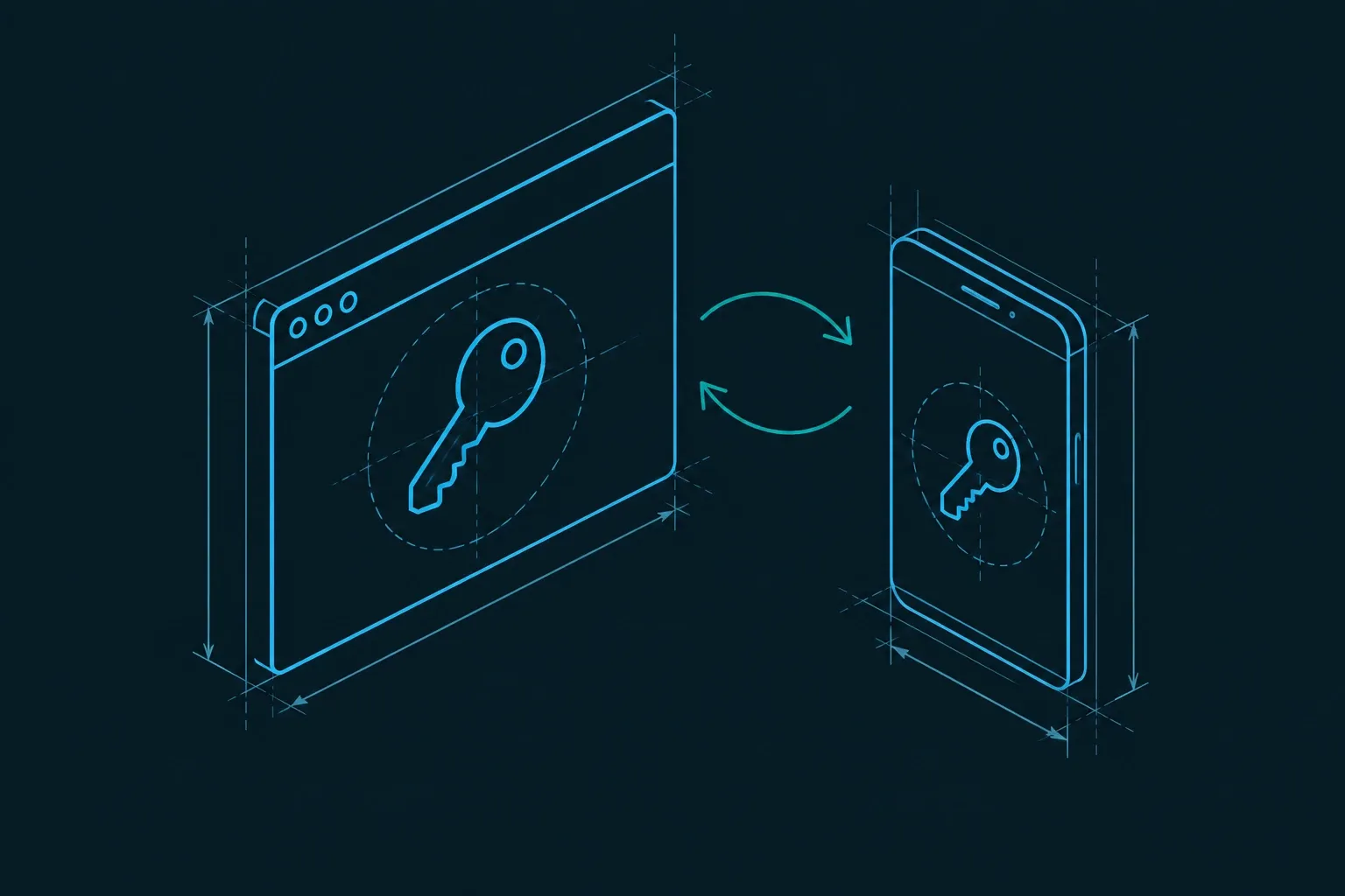 Gestileerde illustratie van browser en smartphone met sleutel en synchronisatiepijlen