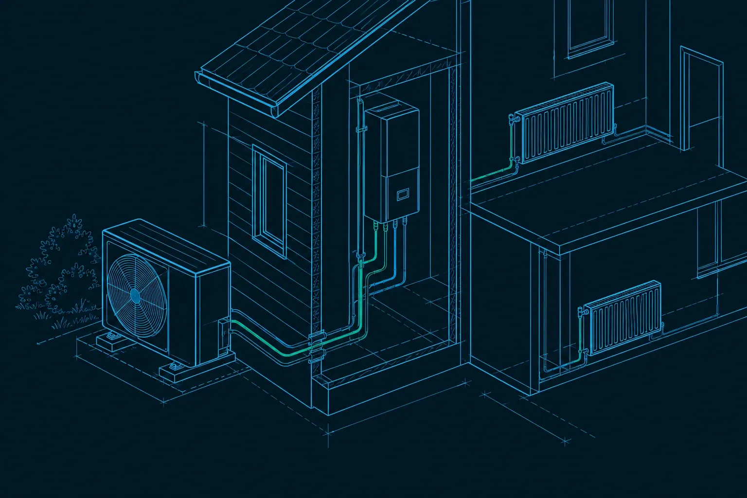 Lijntekening van huis met buitenunit en binnenunit van een lucht-water warmtepomp