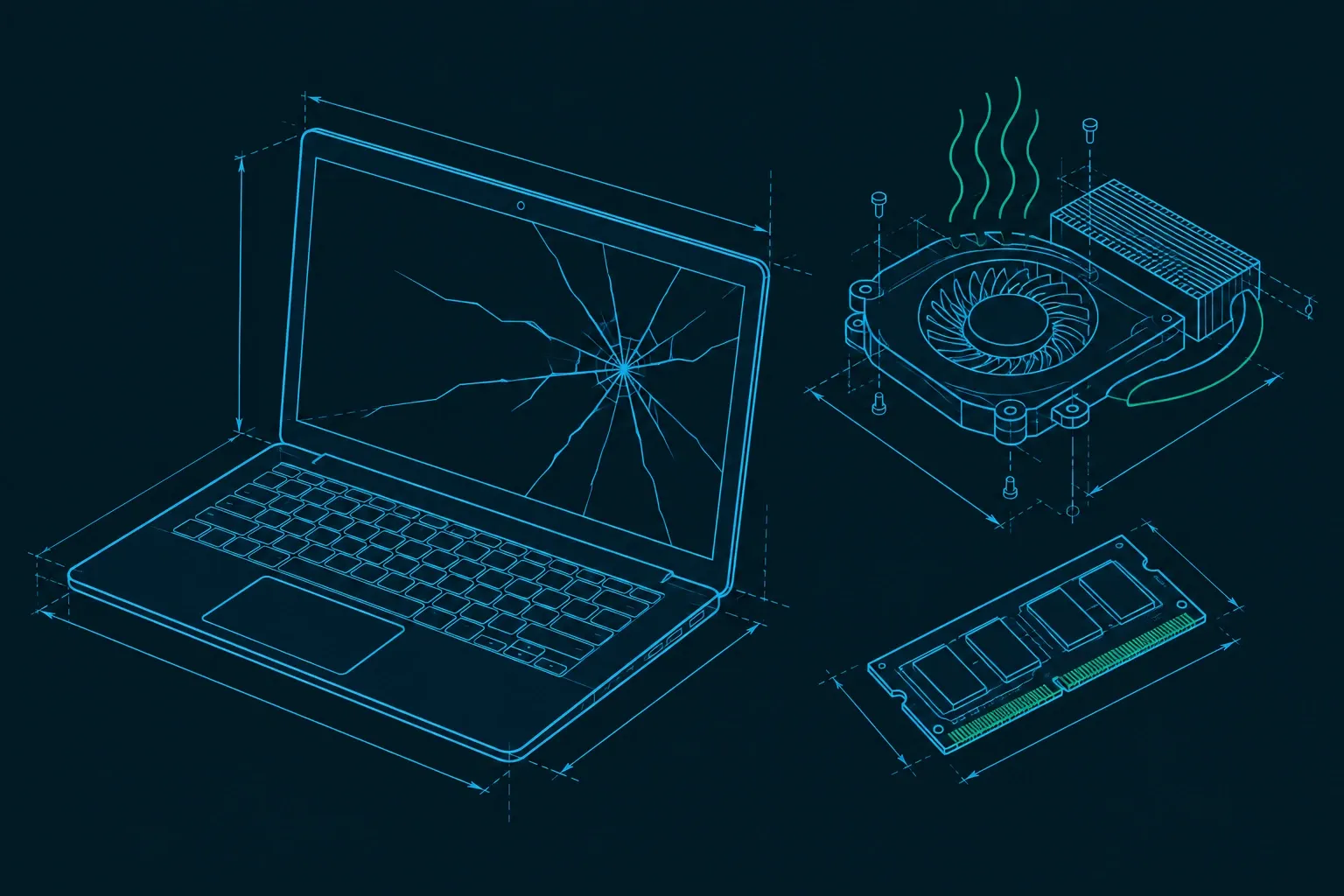 Laptop met gesprongen scherm, koelfan en losgeplaatste RAM-module in blauw schetsontwerp