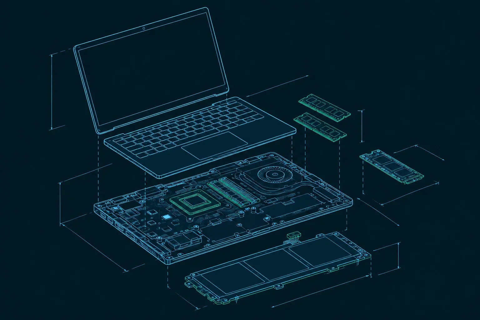 Laptop in transparant exploded-view met accupack, geheugenmodules en interne componenten zichtbaar