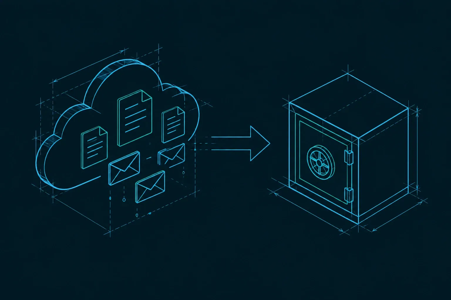 Blauw wireframe van cloud met e-mails en documenten pijl naar veilige kluis