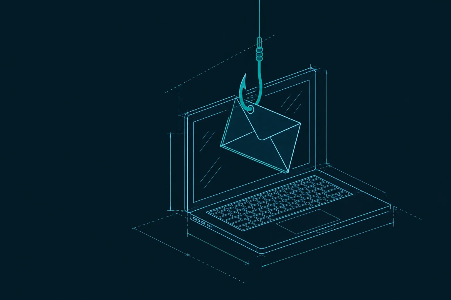 Laptop met computerscherm waarop een brieficoon aan een haak hangt, donkere achtergrond