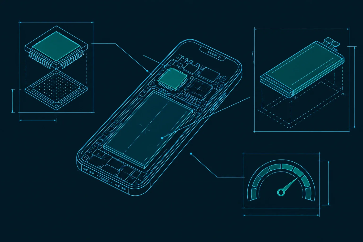 Technische tekening van smartphone open met batterij, chipset en snelheidsmeter tekenen