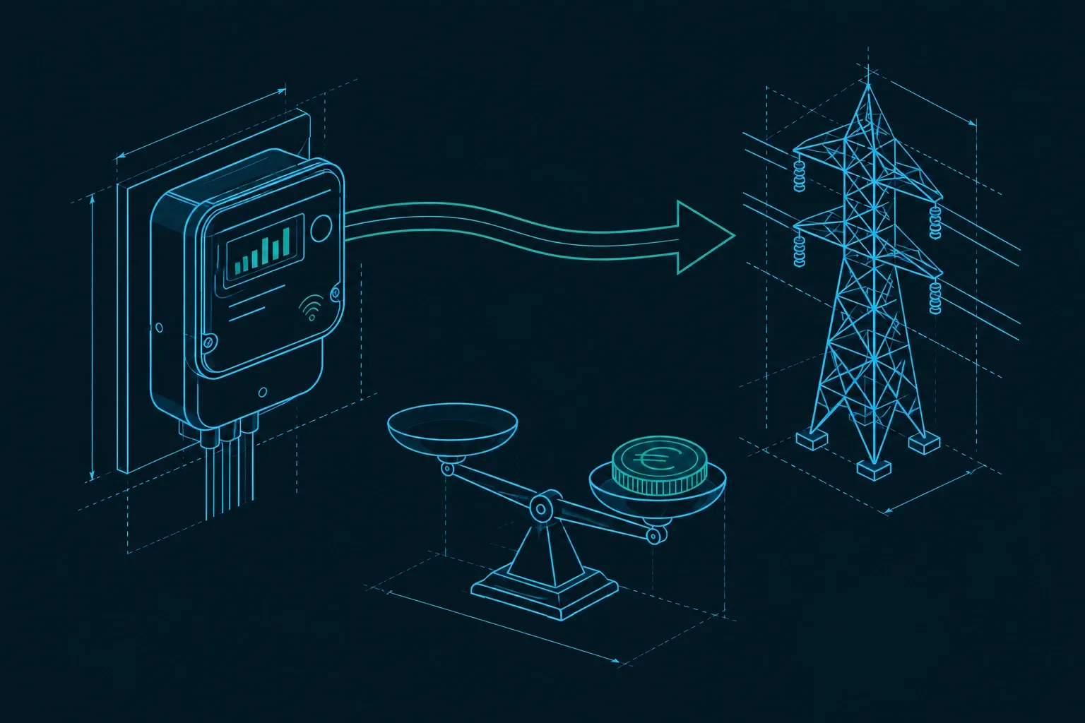 Slimme elektriciteitsmeter, weegschaal met euro en hoogspanningsmast verbonden door pijl