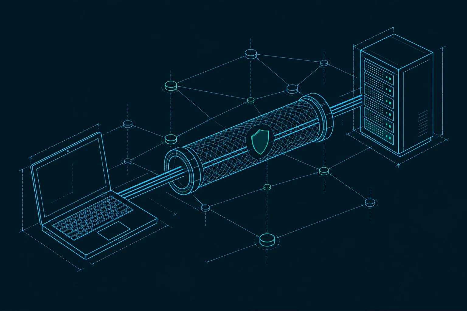 Laptop verbonden met server via cilindervormige beveiligde tunnel met schildpictogram