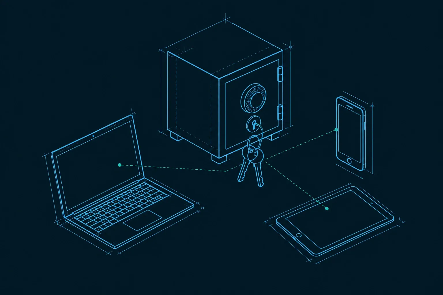 Blauw lijntekening van kluis verbonden met laptop, tablet en smartphone via sleutels