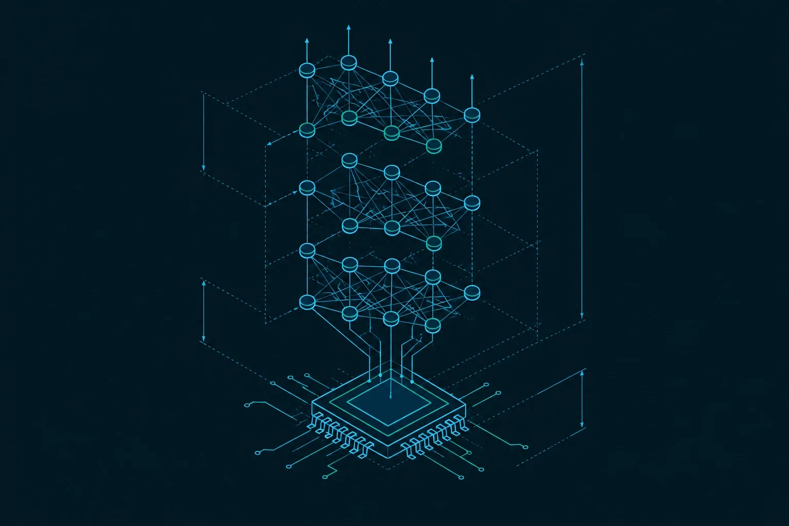 Blauw neon schema van een neuraal netwerk verbonden met een computerchip in donker achtergrond