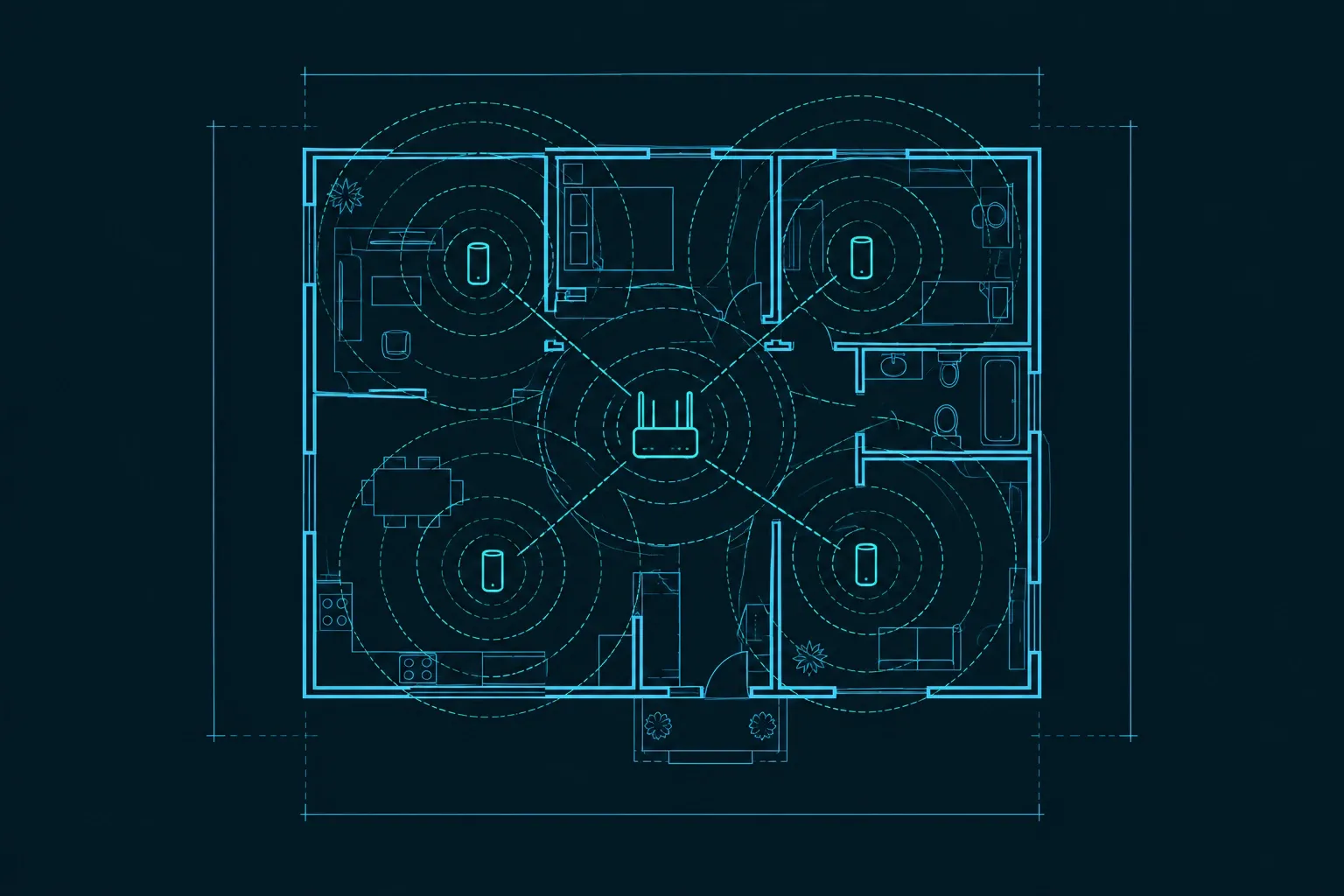 Plattegrond met router in het midden en cirkels die wifi-dekking per kamer tonen