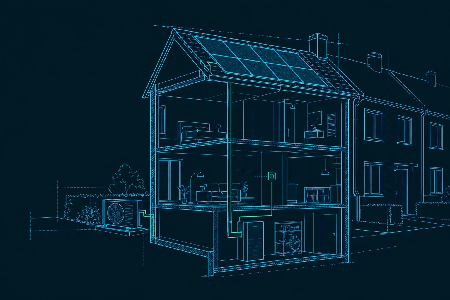 Doorsnede van huis met zonnepanelen, warmtepomp en slimme thermostaat zichtbaar